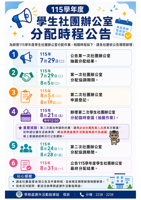 【社團公告】🏢115學年度學生社團辦公室第一次抽籤分配結果暨後續作業時程📅圖片